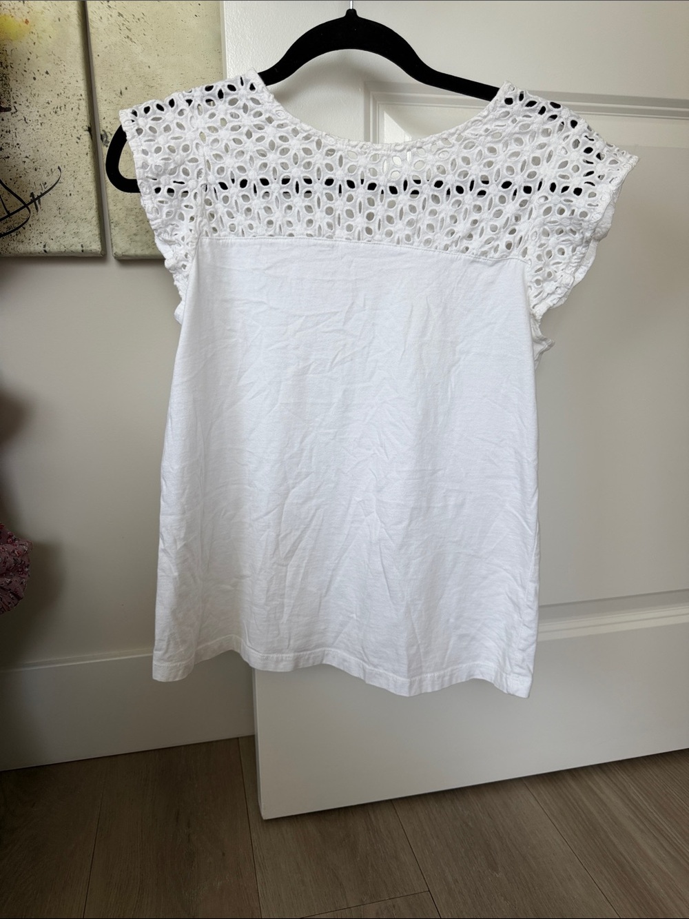 White Eyelet Lace Yoke Cap Sleeve Top
